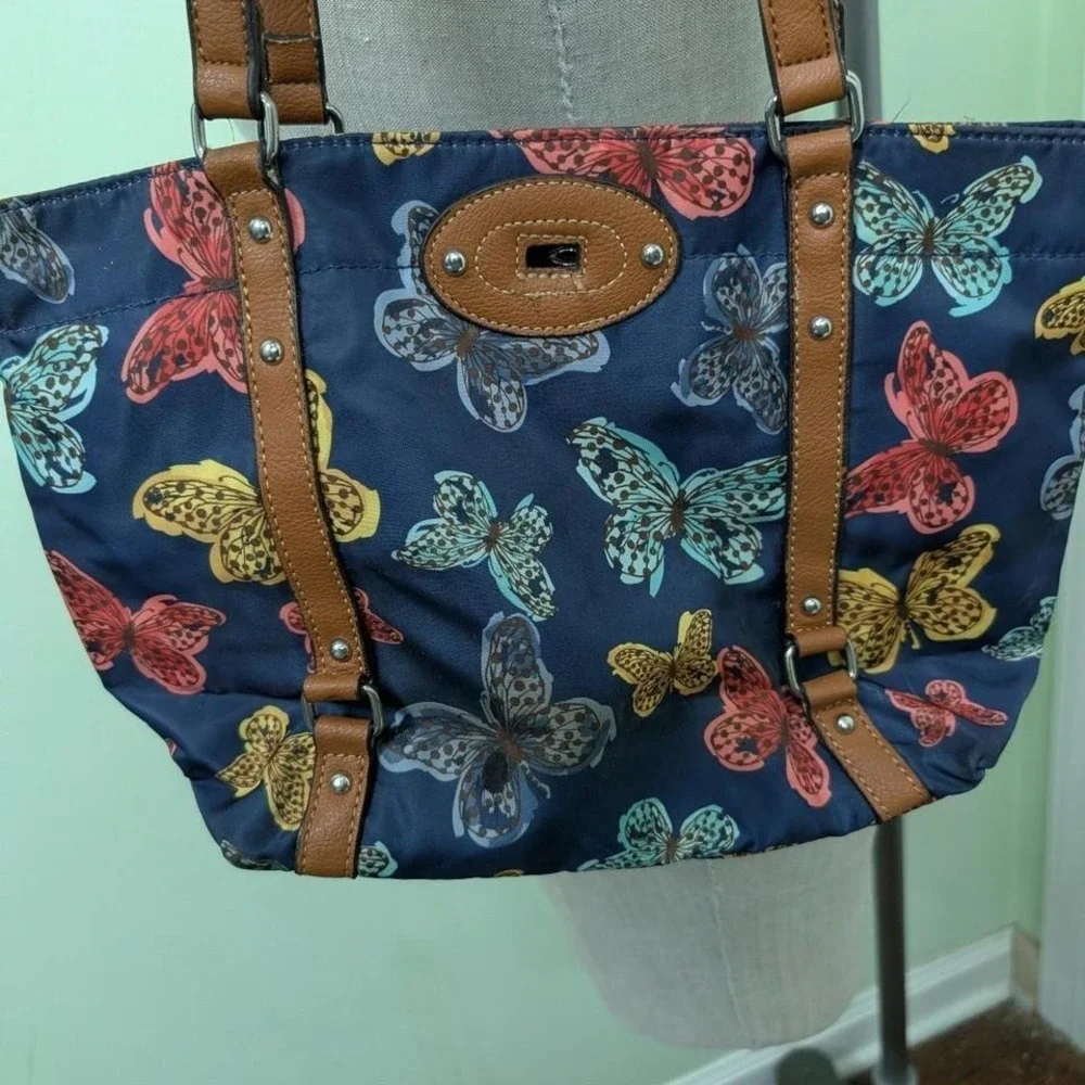 Franco Sarto navy blue‎ butterfly print tote bag with brown leather straps